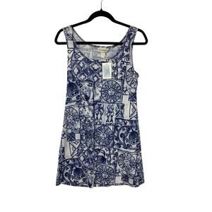 Innocent Vtg 90s Womens Medium Blue White Sun Face Tile Print Mini Dress Tunic